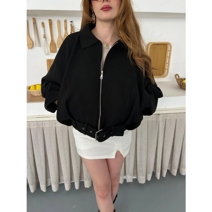 Kemer Detaylı Fermuarlı Kısa Kaşe Ceket Siyah