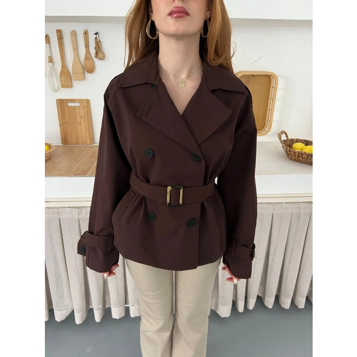 Kemer Detaylı İçi Astarlı Kısa Trenç Acı Kahve