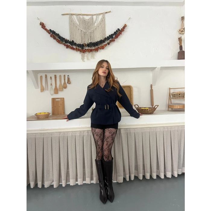 Kemer Detaylı İçi Astarlı Kısa Trenç lacivert