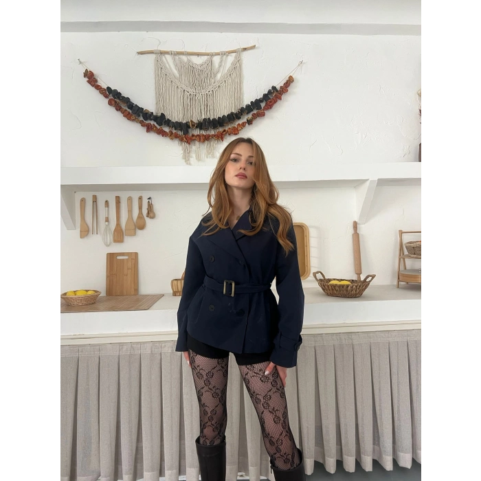 Kemer Detaylı İçi Astarlı Kısa Trenç lacivert