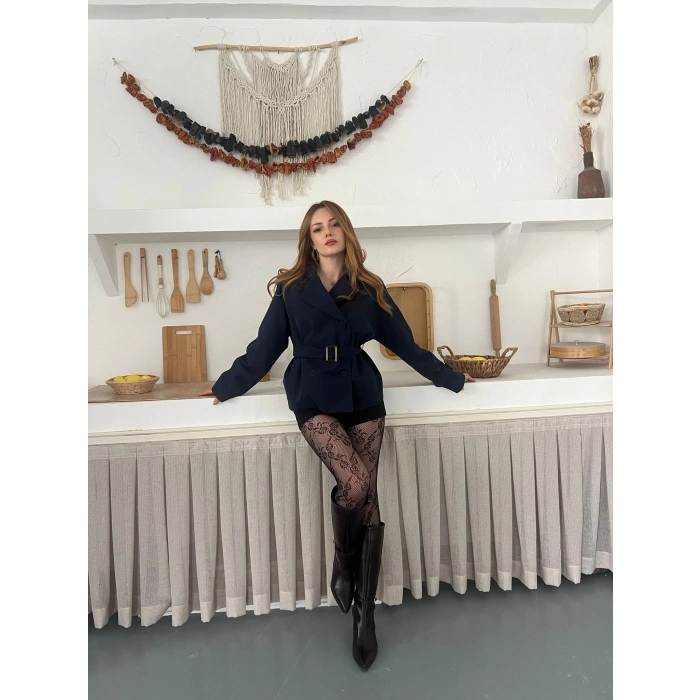 Kemer Detaylı İçi Astarlı Kısa Trenç lacivert