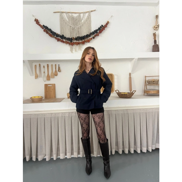 Kemer Detaylı İçi Astarlı Kısa Trenç lacivert