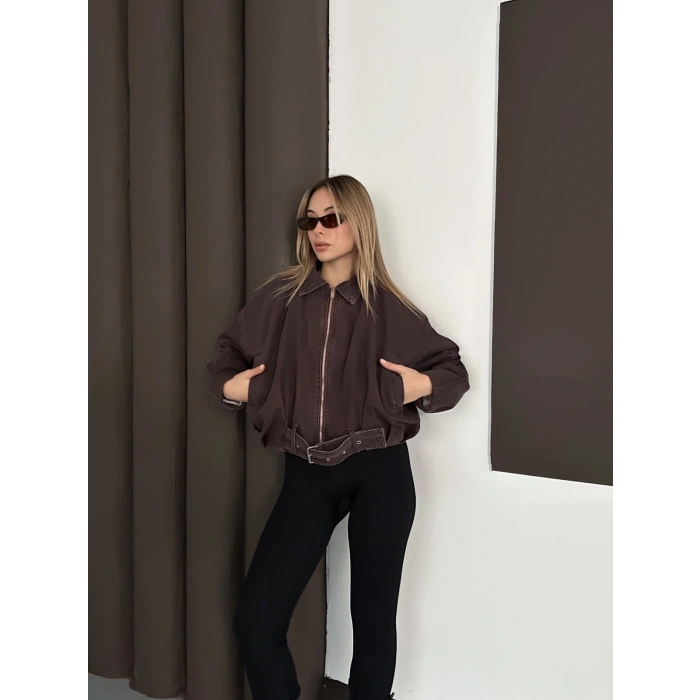 Kemer Detaylı İçi Peluşlu Denim Ceket Kahve