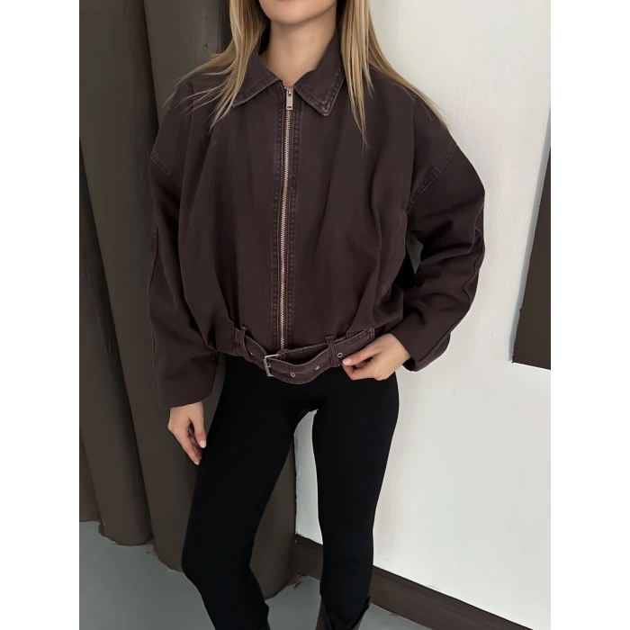 Kemer Detaylı İçi Peluşlu Denim Ceket Kahve