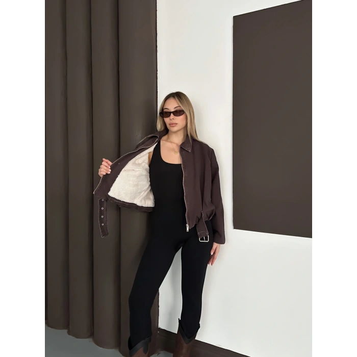 Kemer Detaylı İçi Peluşlu Denim Ceket Kahve