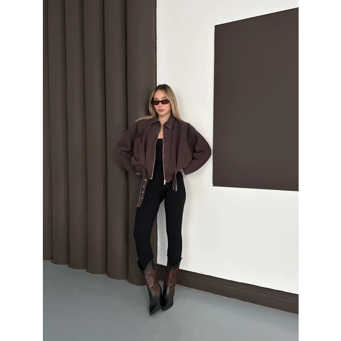 Kemer Detaylı İçi Peluşlu Denim Ceket Kahve