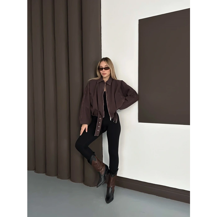 Kemer Detaylı İçi Peluşlu Denim Ceket Kahve