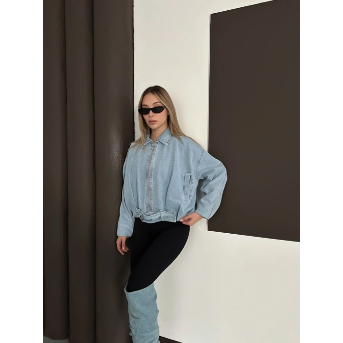 Kemer Detaylı İçi Peluşlu Denim Ceket Mavi