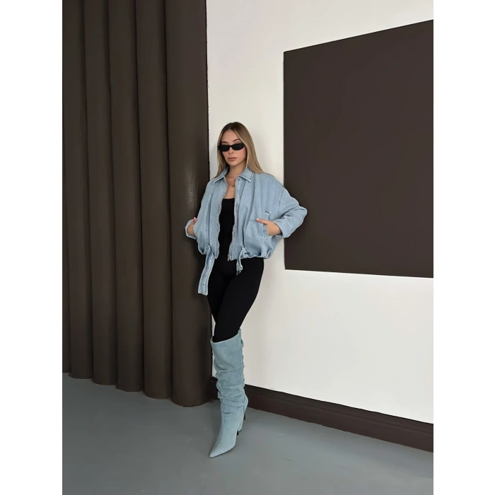 Kemer Detaylı İçi Peluşlu Denim Ceket Mavi