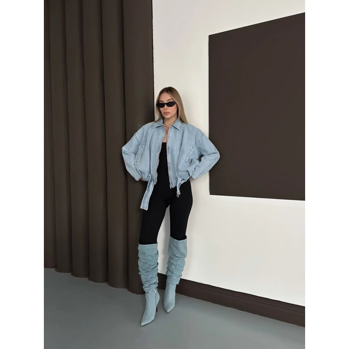 Kemer Detaylı İçi Peluşlu Denim Ceket Mavi