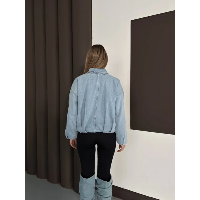 Kemer Detaylı İçi Peluşlu Denim Ceket Mavi