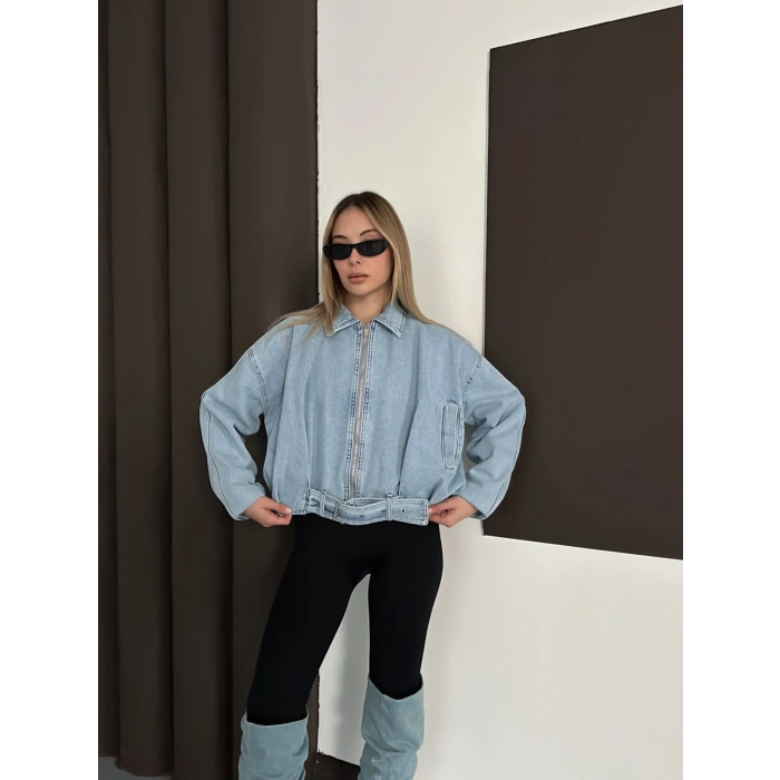 Kemer Detaylı İçi Peluşlu Denim Ceket Mavi