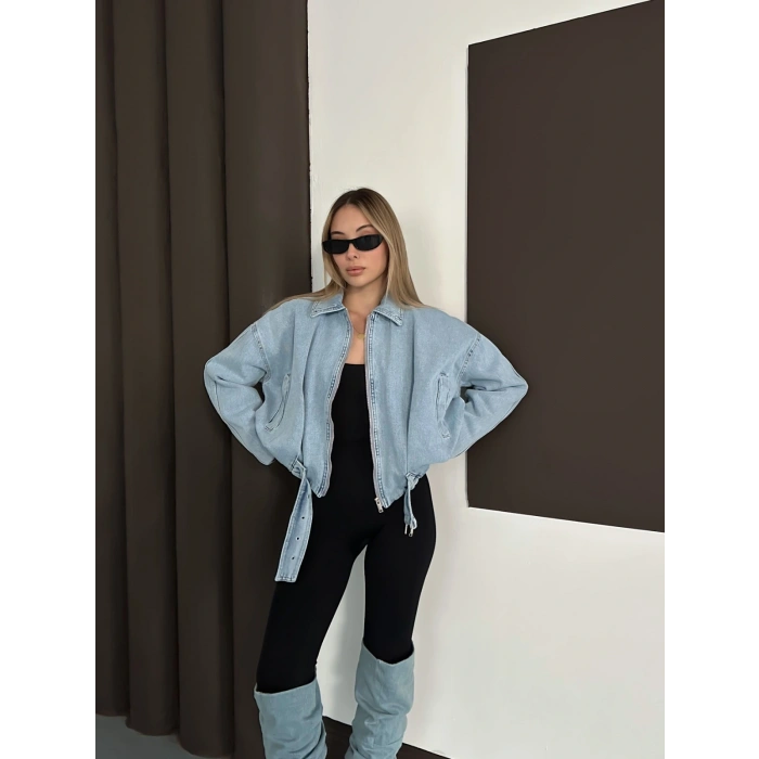 Kemer Detaylı İçi Peluşlu Denim Ceket Mavi