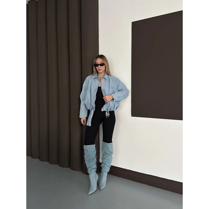 Kemer Detaylı İçi Peluşlu Denim Ceket Mavi