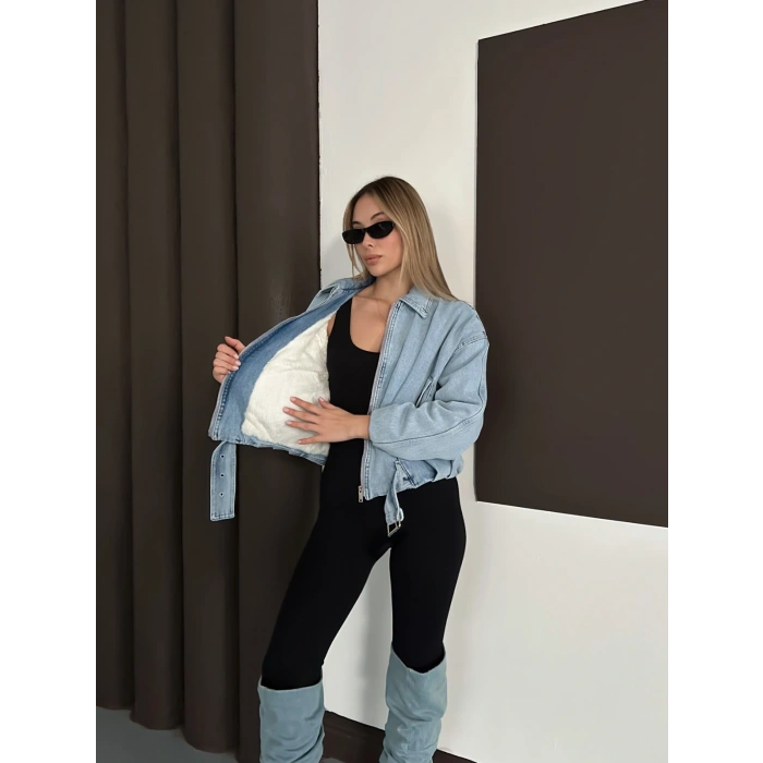 Kemer Detaylı İçi Peluşlu Denim Ceket Mavi