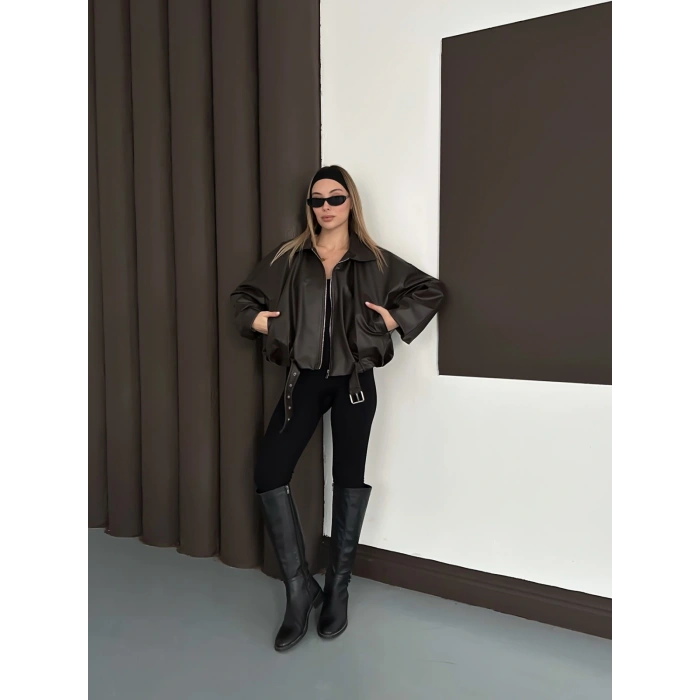 Kemer Detaylı İçi Peluşlu Deri Ceket Acı Kahve