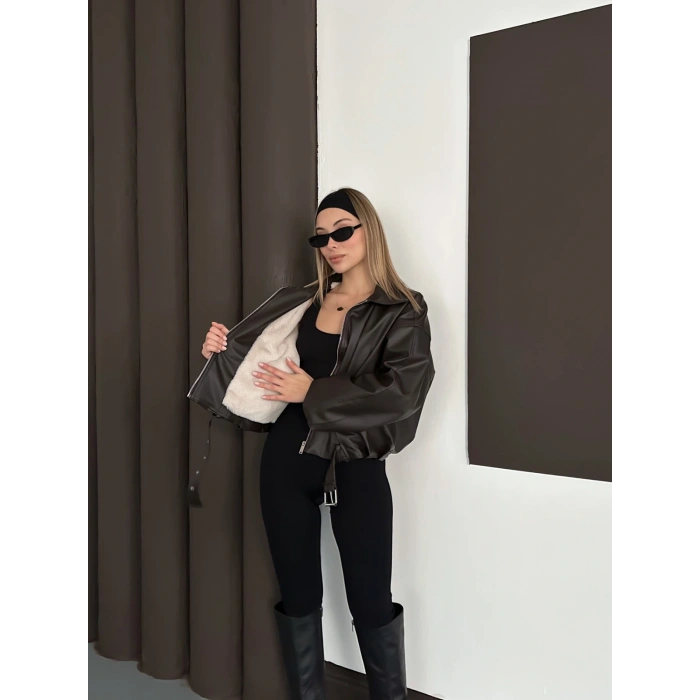 Kemer Detaylı İçi Peluşlu Deri Ceket Acı Kahve