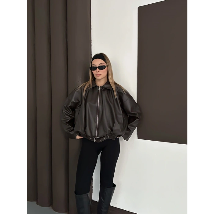 Kemer Detaylı İçi Peluşlu Deri Ceket Acı Kahve