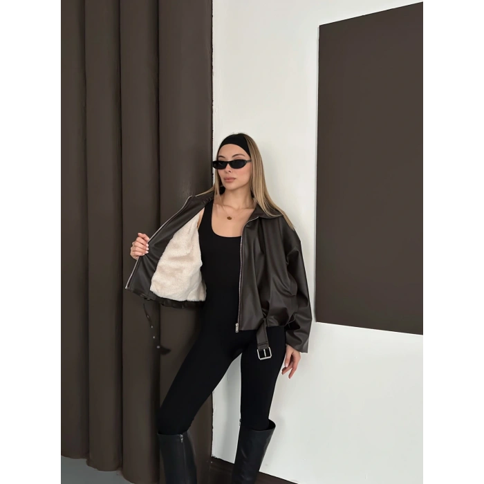 Kemer Detaylı İçi Peluşlu Deri Ceket Acı Kahve