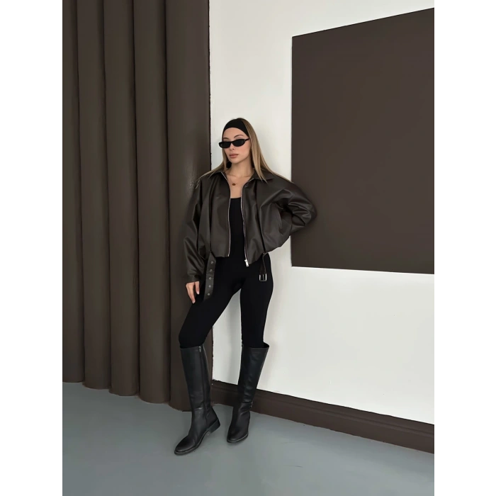 Kemer Detaylı İçi Peluşlu Deri Ceket Acı Kahve