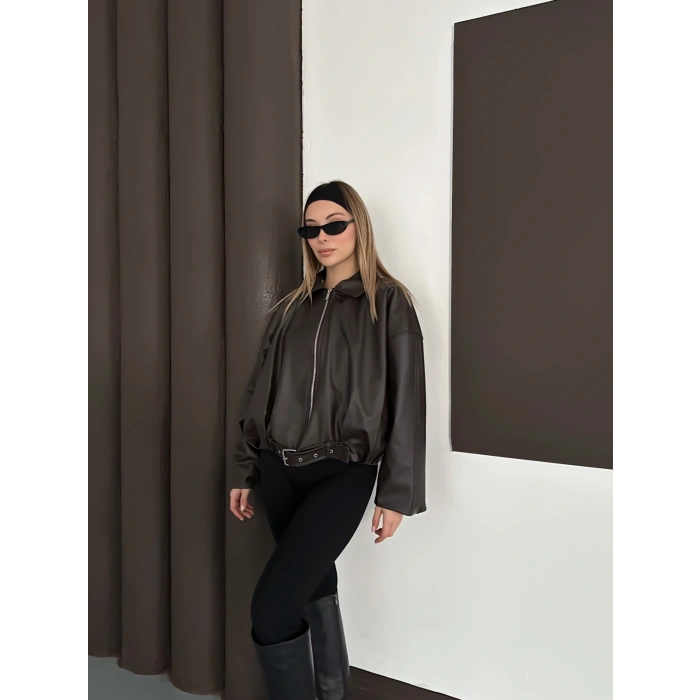 Kemer Detaylı İçi Peluşlu Deri Ceket Acı Kahve