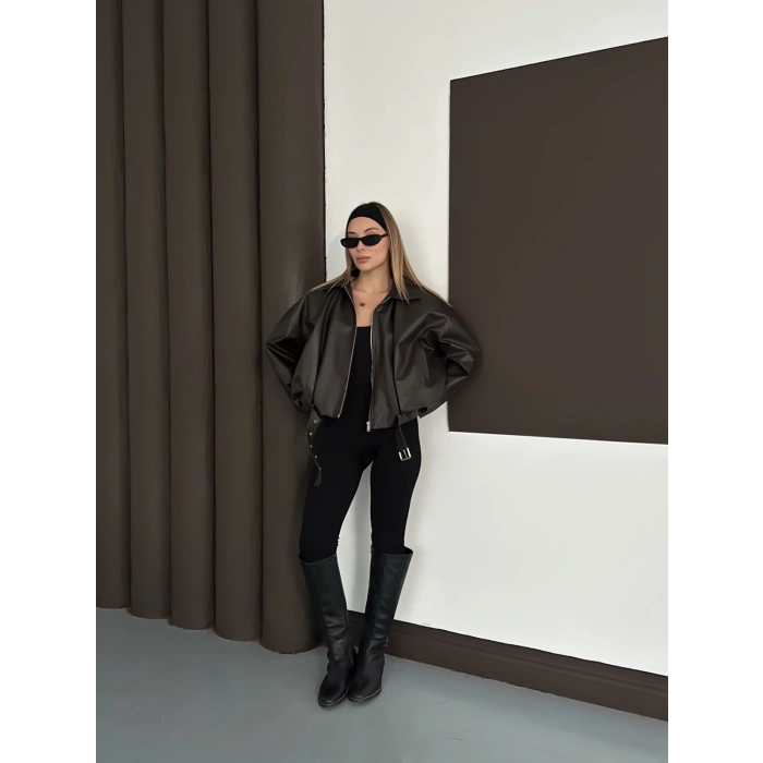 Kemer Detaylı İçi Peluşlu Deri Ceket Acı Kahve