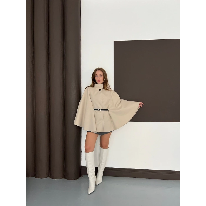 Kemer Detaylı Kaşe Panço Bej
