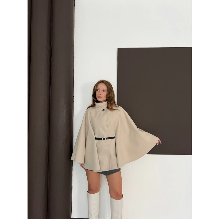 Kemer Detaylı Kaşe Panço Bej