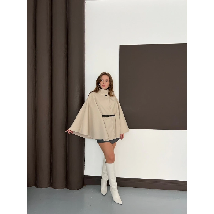 Kemer Detaylı Kaşe Panço Bej