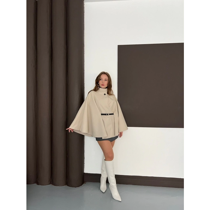 Kemer Detaylı Kaşe Panço Bej