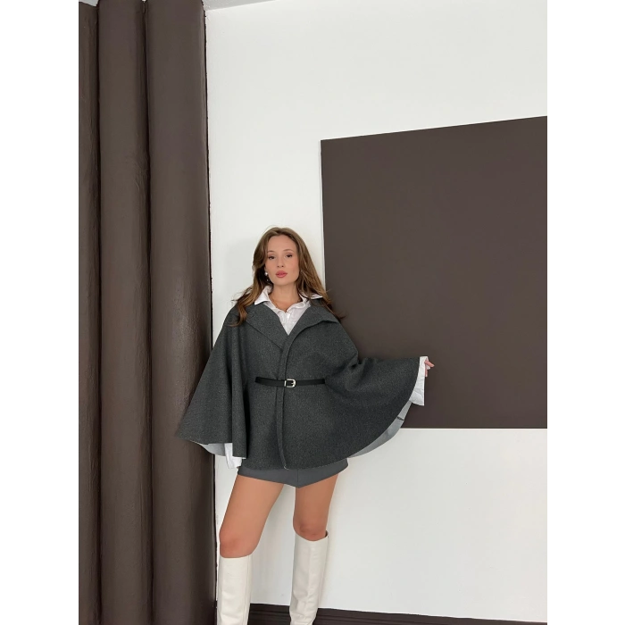 Kemer Detaylı Kaşe Panço Gri