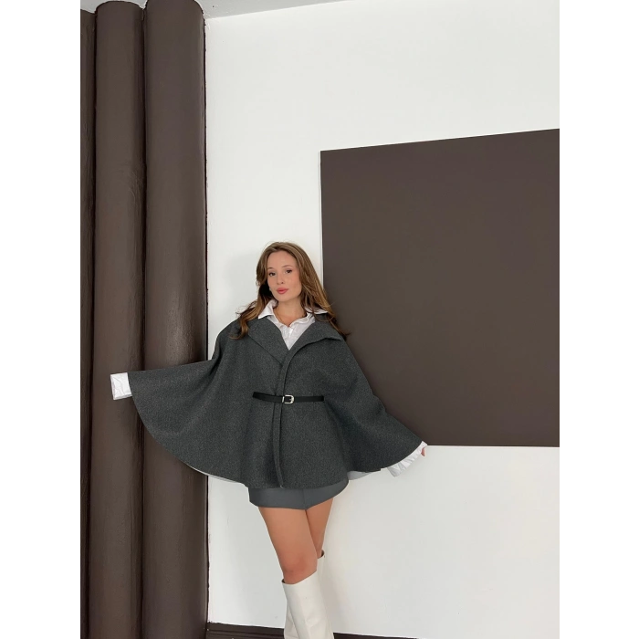 Kemer Detaylı Kaşe Panço Gri