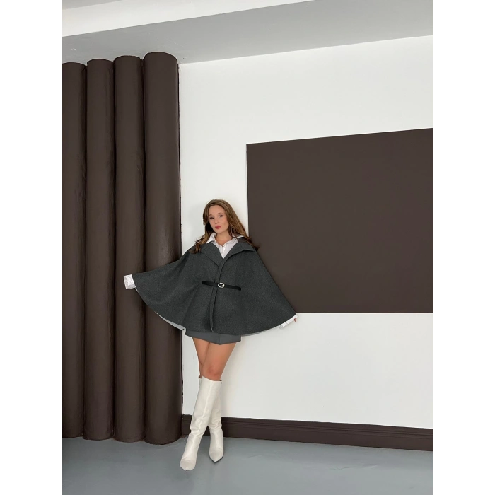 Kemer Detaylı Kaşe Panço Gri