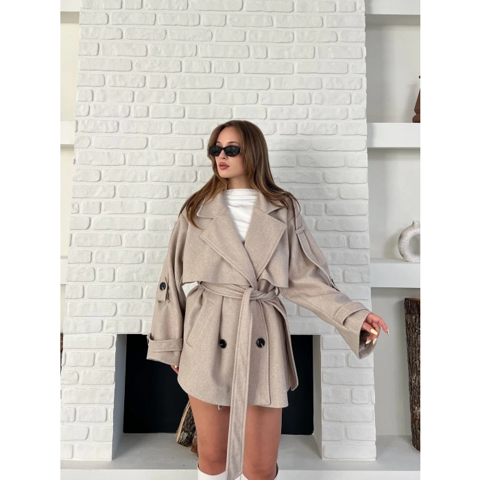 Kemer Detaylı Kısa Kaşe Kaban Bej