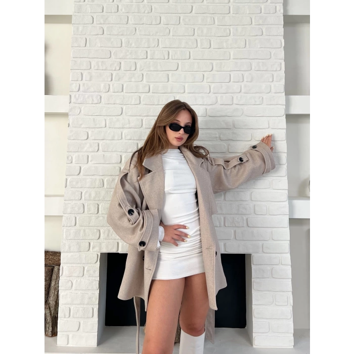 Kemer Detaylı Kısa Kaşe Kaban Bej