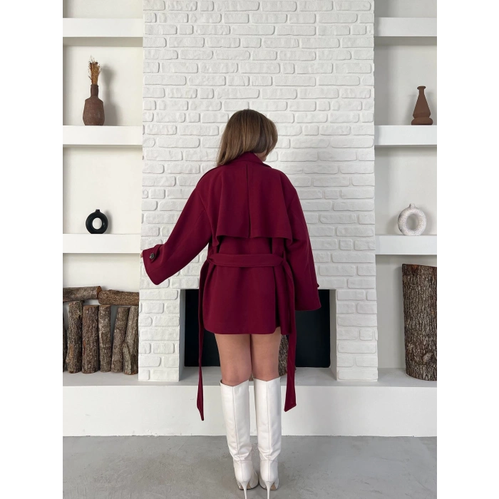 Kemer Detaylı Kısa Kaşe Kaban Bordo