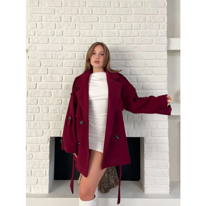 Kemer Detaylı Kısa Kaşe Kaban Bordo