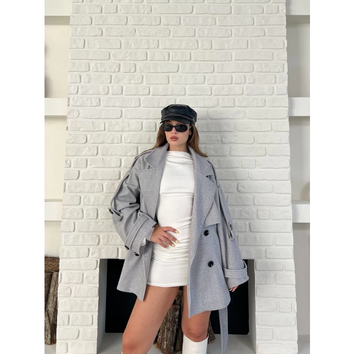 Kemer Detaylı Kısa Kaşe Kaban Gri