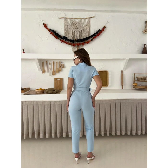 Kemer Detaylı Kruvaze Yaka Tulum Mavi