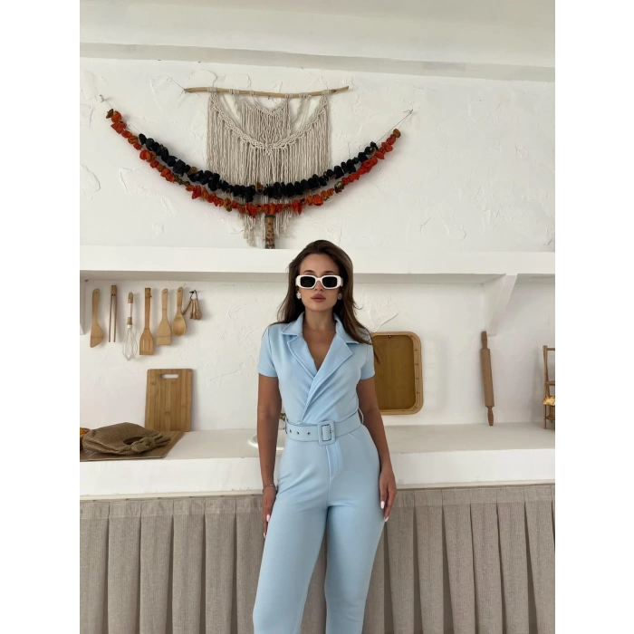 Kemer Detaylı Kruvaze Yaka Tulum Mavi