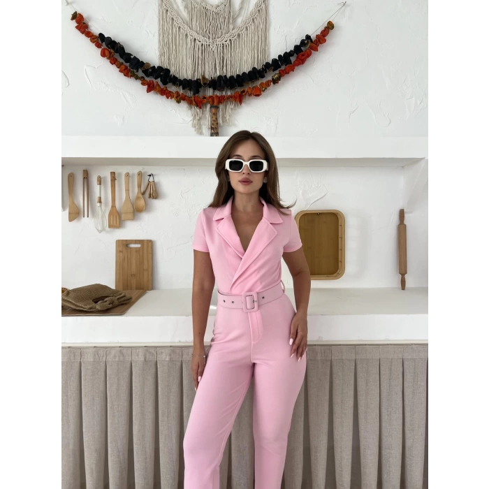 Kemer Detaylı Kruvaze Yaka Tulum Pembe