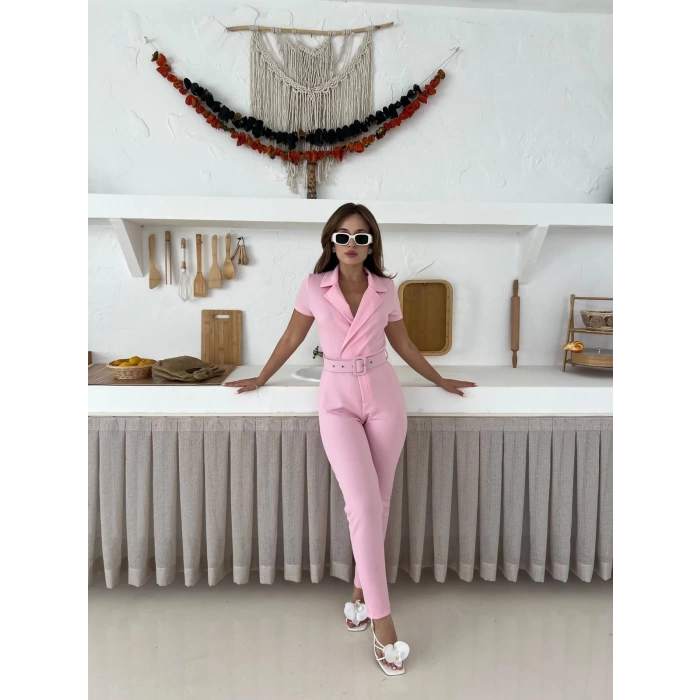 Kemer Detaylı Kruvaze Yaka Tulum Pembe