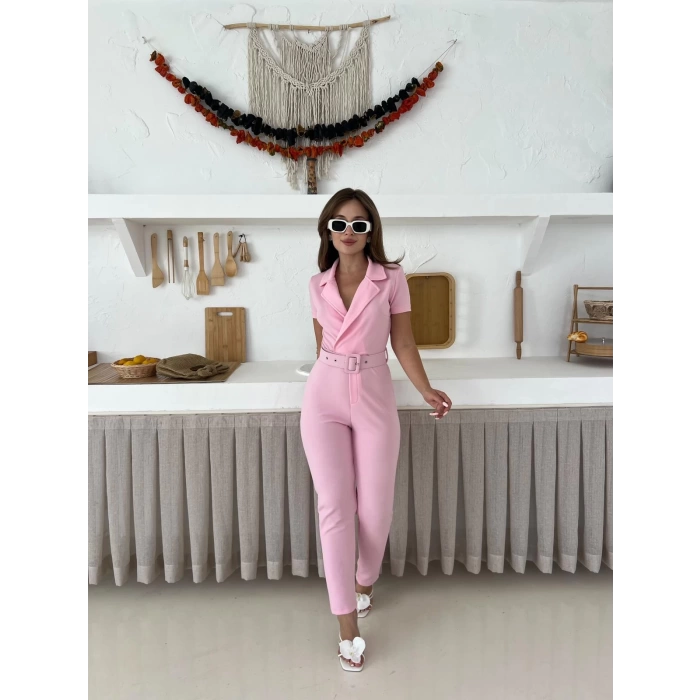 Kemer Detaylı Kruvaze Yaka Tulum Pembe