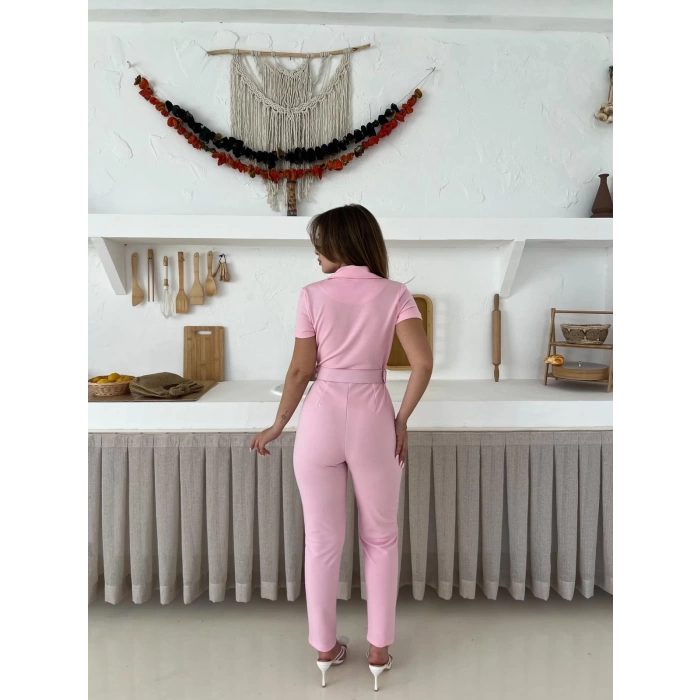 Kemer Detaylı Kruvaze Yaka Tulum Pembe
