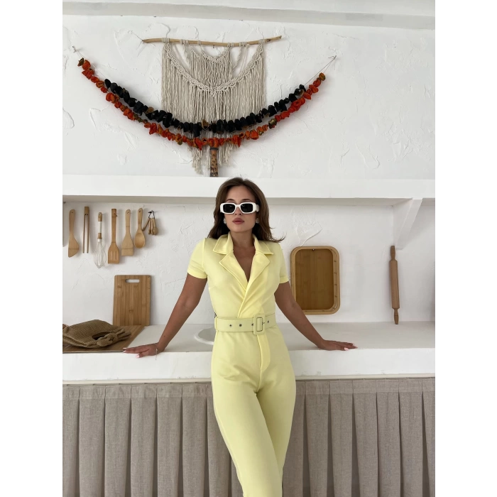 Kemer Detaylı Kruvaze Yaka Tulum Sarı