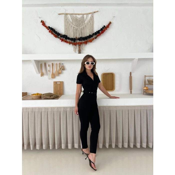 Kemer Detaylı Kruvaze Yaka Tulum Siyah