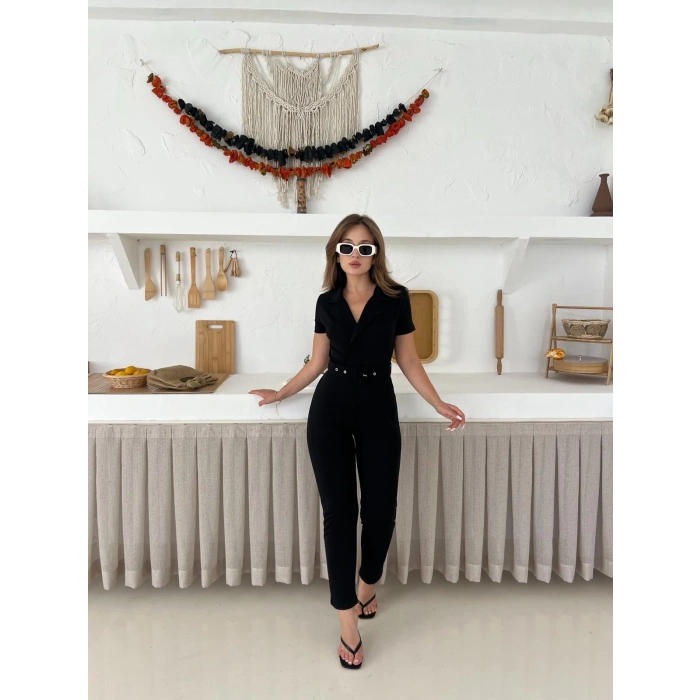Kemer Detaylı Kruvaze Yaka Tulum Siyah