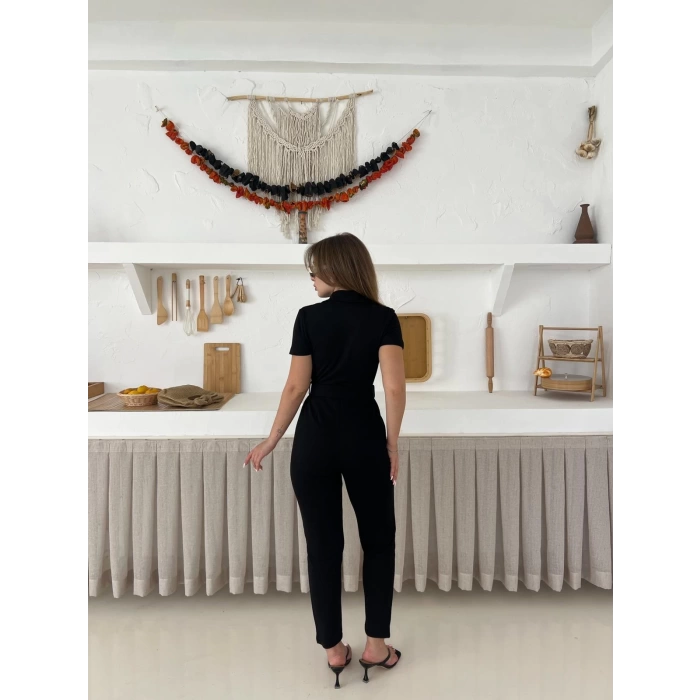 Kemer Detaylı Kruvaze Yaka Tulum Siyah