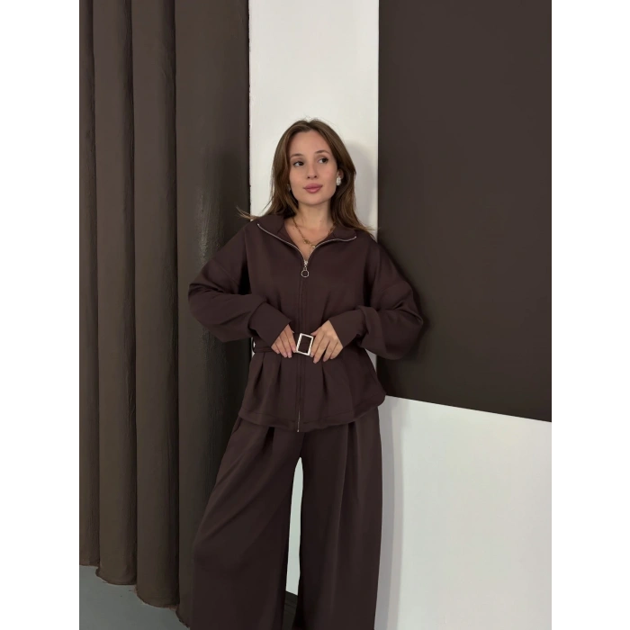 Kemer Detaylı Pantolonlu İkili Takım Acı Kahve