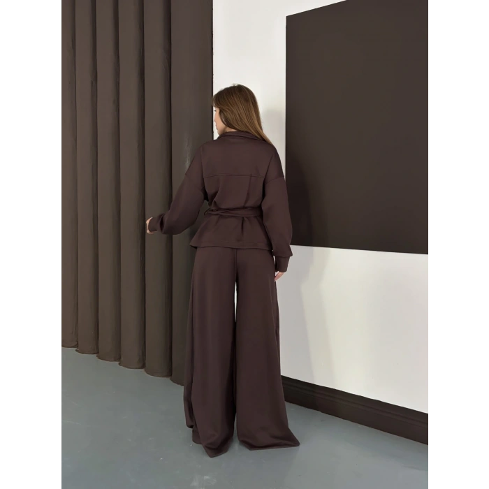 Kemer Detaylı Pantolonlu İkili Takım Acı Kahve